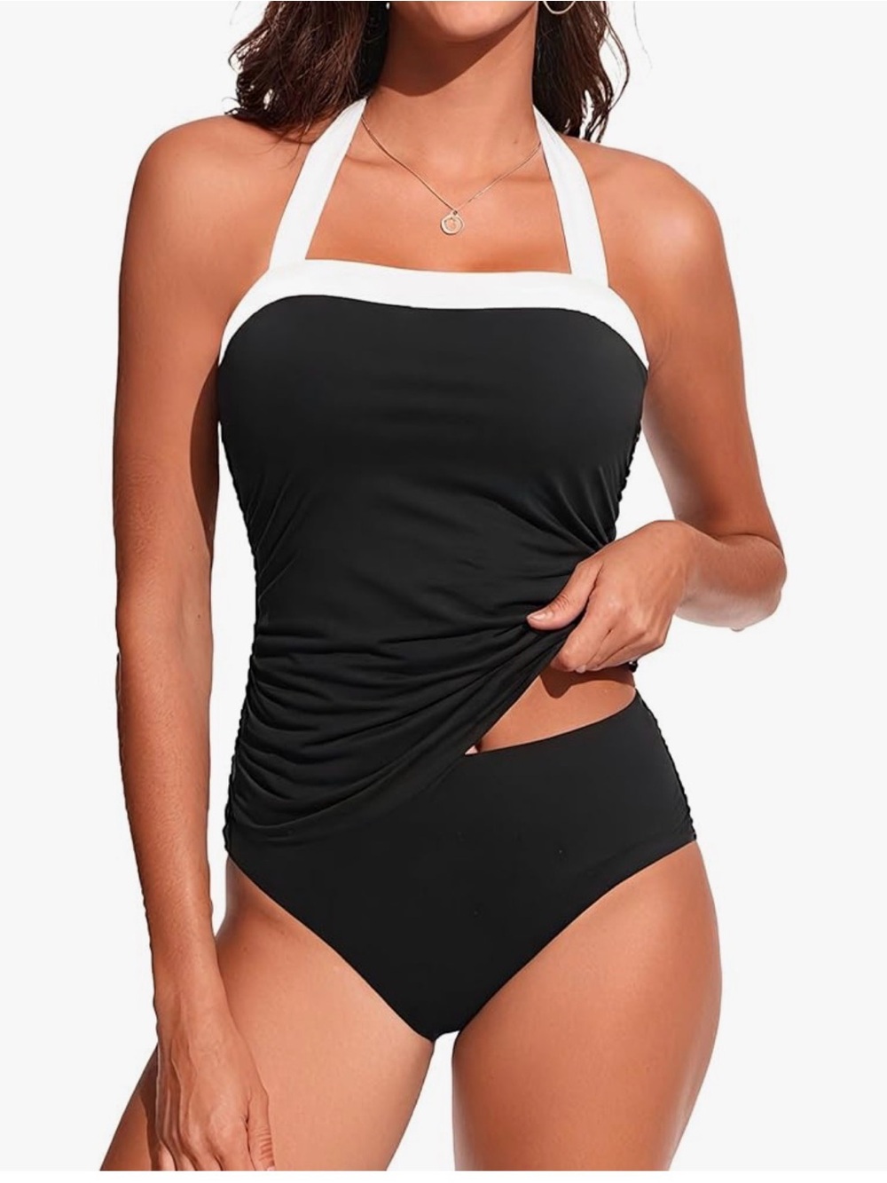 Classic Black Halter Tankini with White Trim - Women Swim